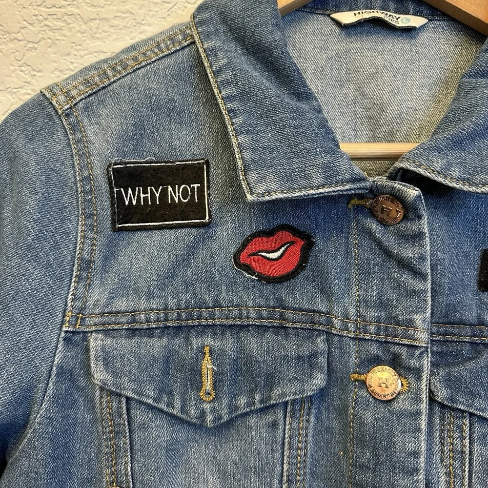 Highway‎ Jeans Womens L Cropped Denim Jacket Patches Sequin M Raw Hem VD7901HJMJ